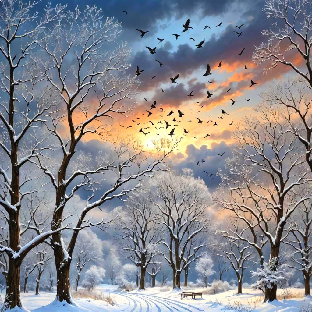 Snowy Winter Scene with Dramatic Sky