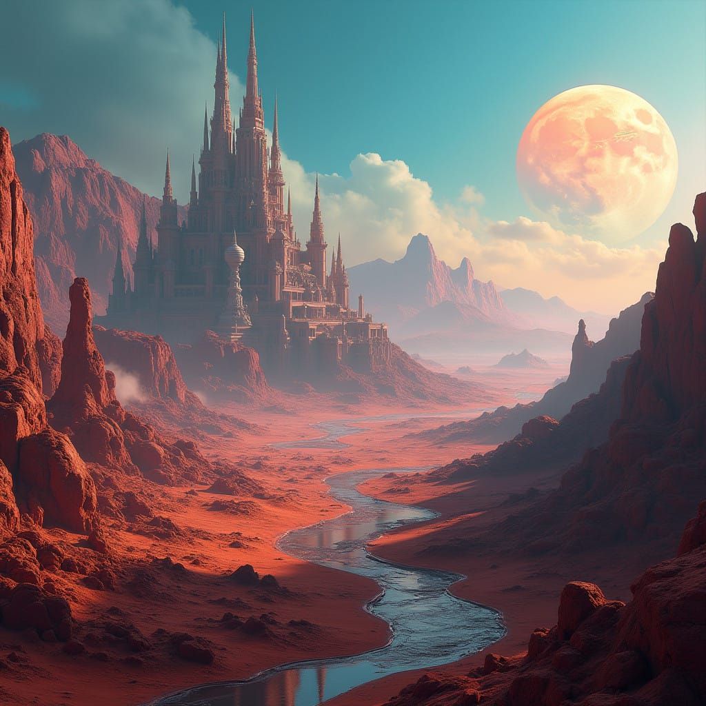 Baroque Mars Cityscape in Vibrant, Electric Blue Hues