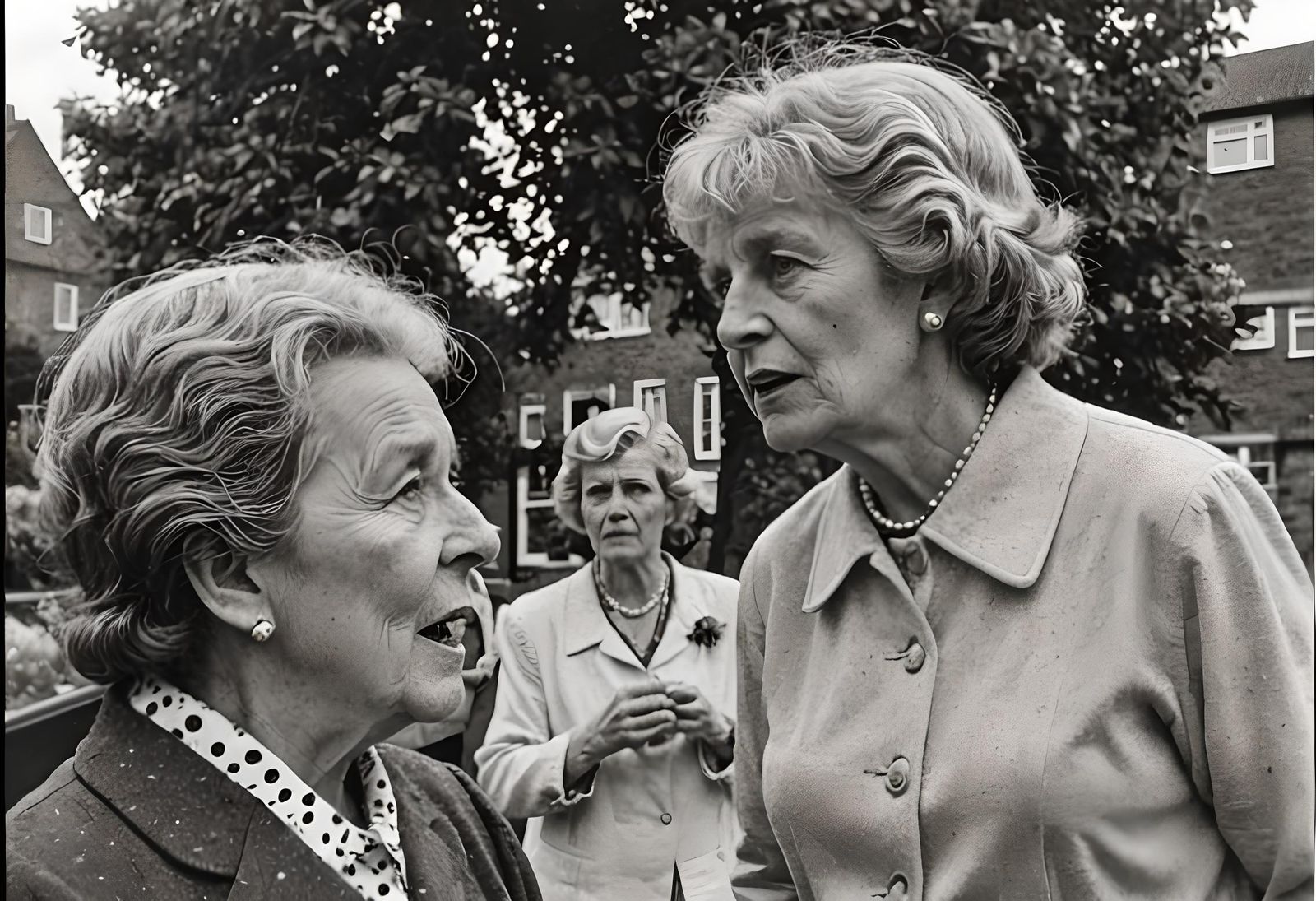 British Women in 1980s Dress Having a Discussion
