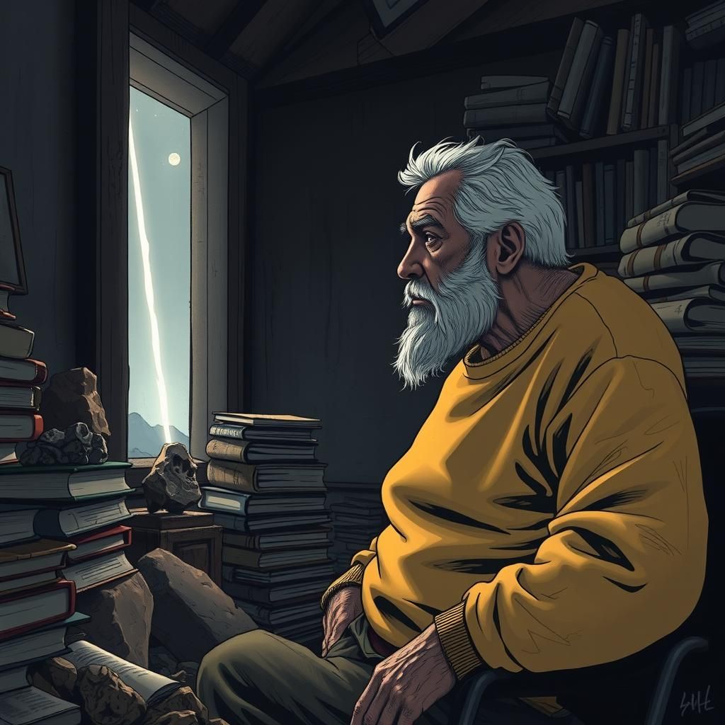 Contemplative Elderly Man in Dimly Lit Study