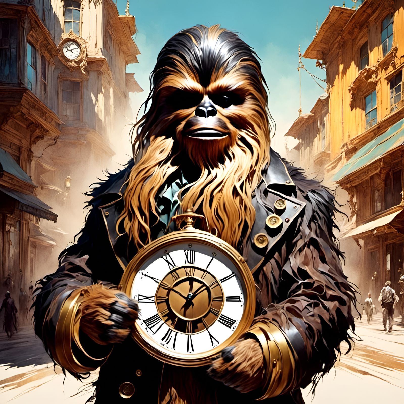 Happy Chewbacca Portrait Holding a Clock