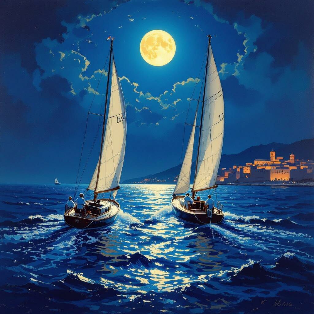 Moonlit Yacht Race in Maritime Realism Style