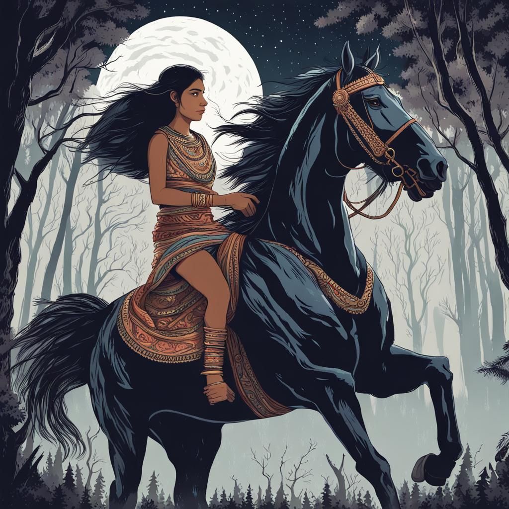 Indian Girl on Horseback Through Forest at Night