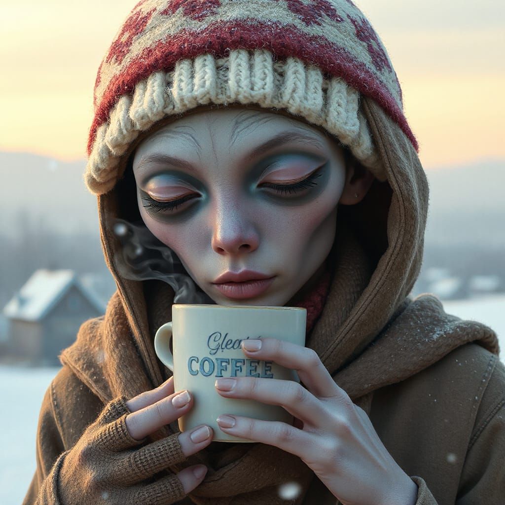 Alien Woman Smelling Coffee in Winter Hat
