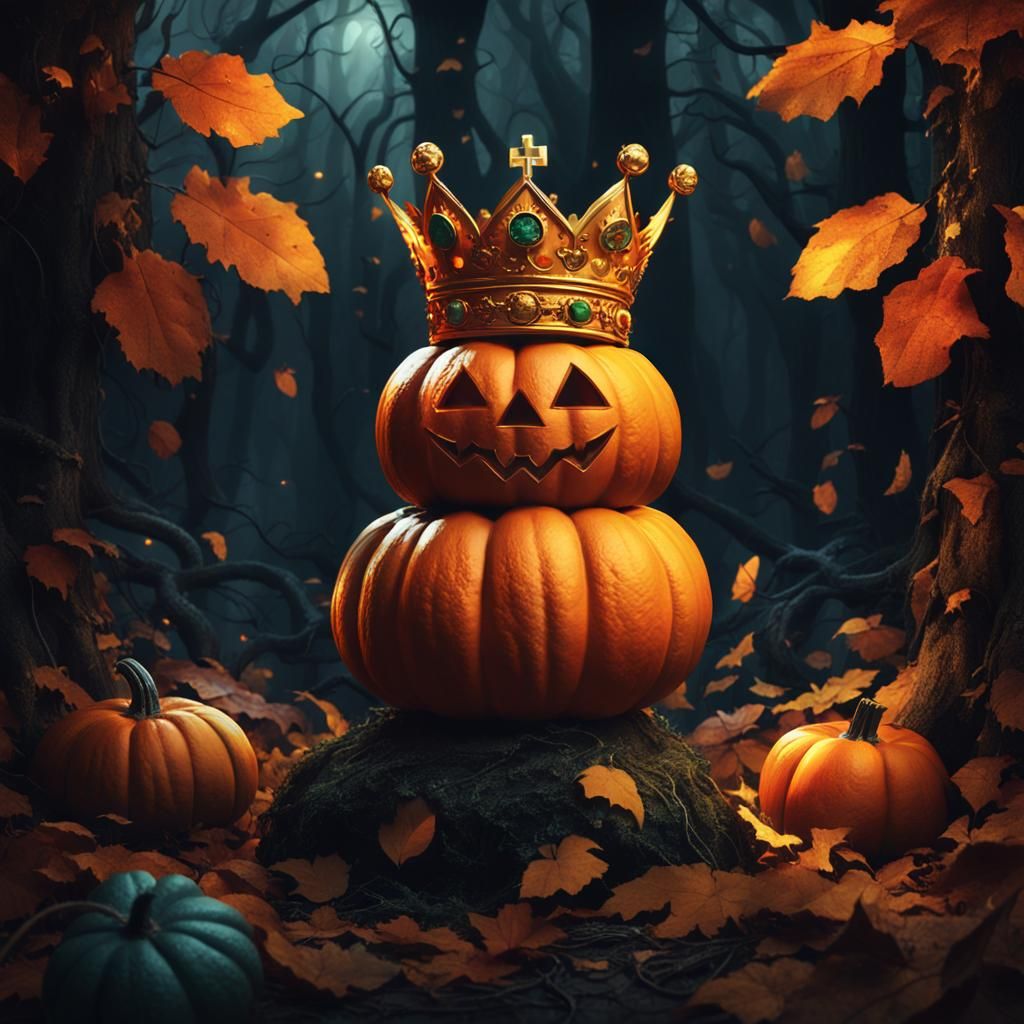 Orange Pumpkin King in Mystical Forest, 3D Digital Art