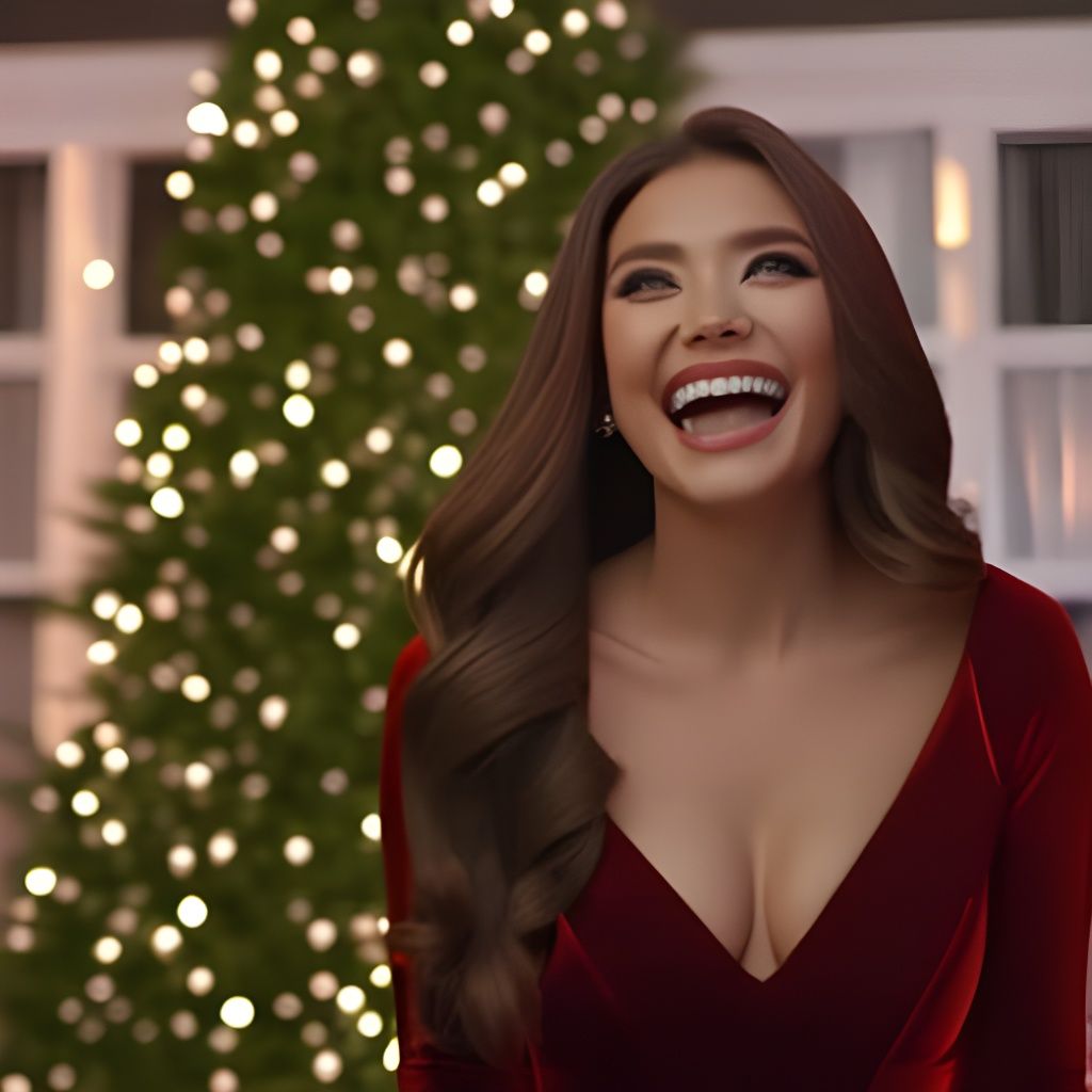 Beautiful Woman Laughing in Front of Christmas Tree