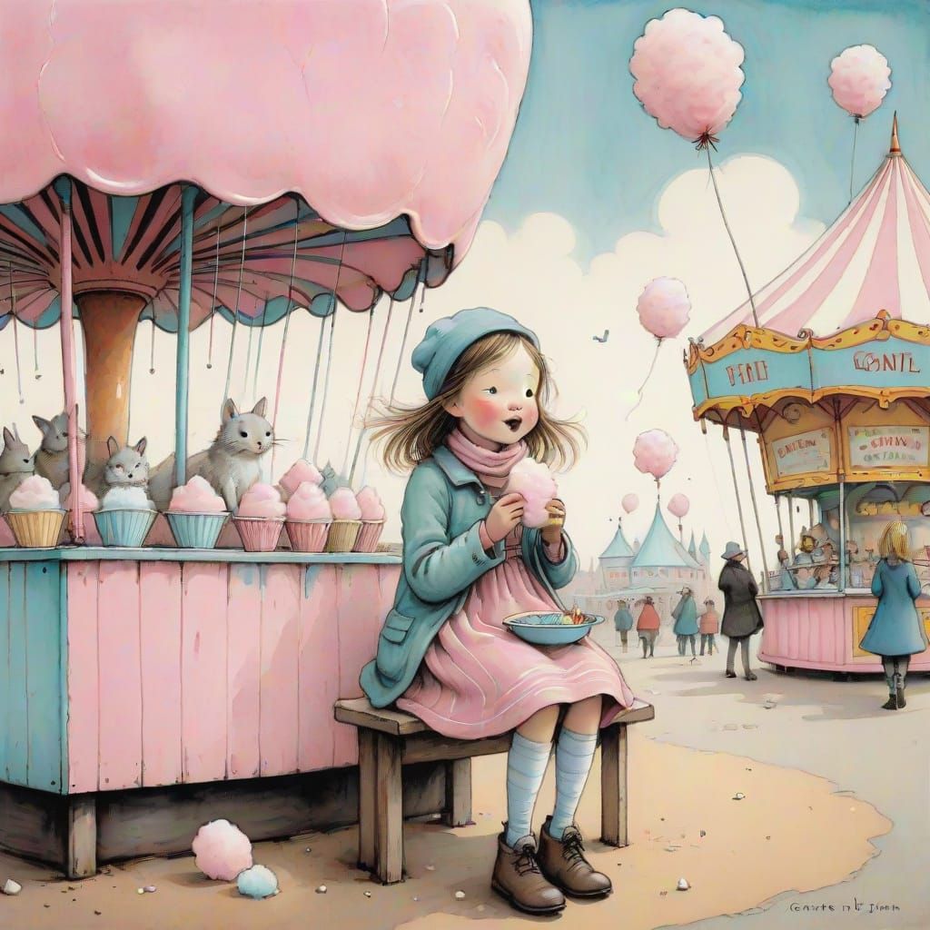 Girl Enjoys Cotton Candy at Fun Fair in Storybook Style