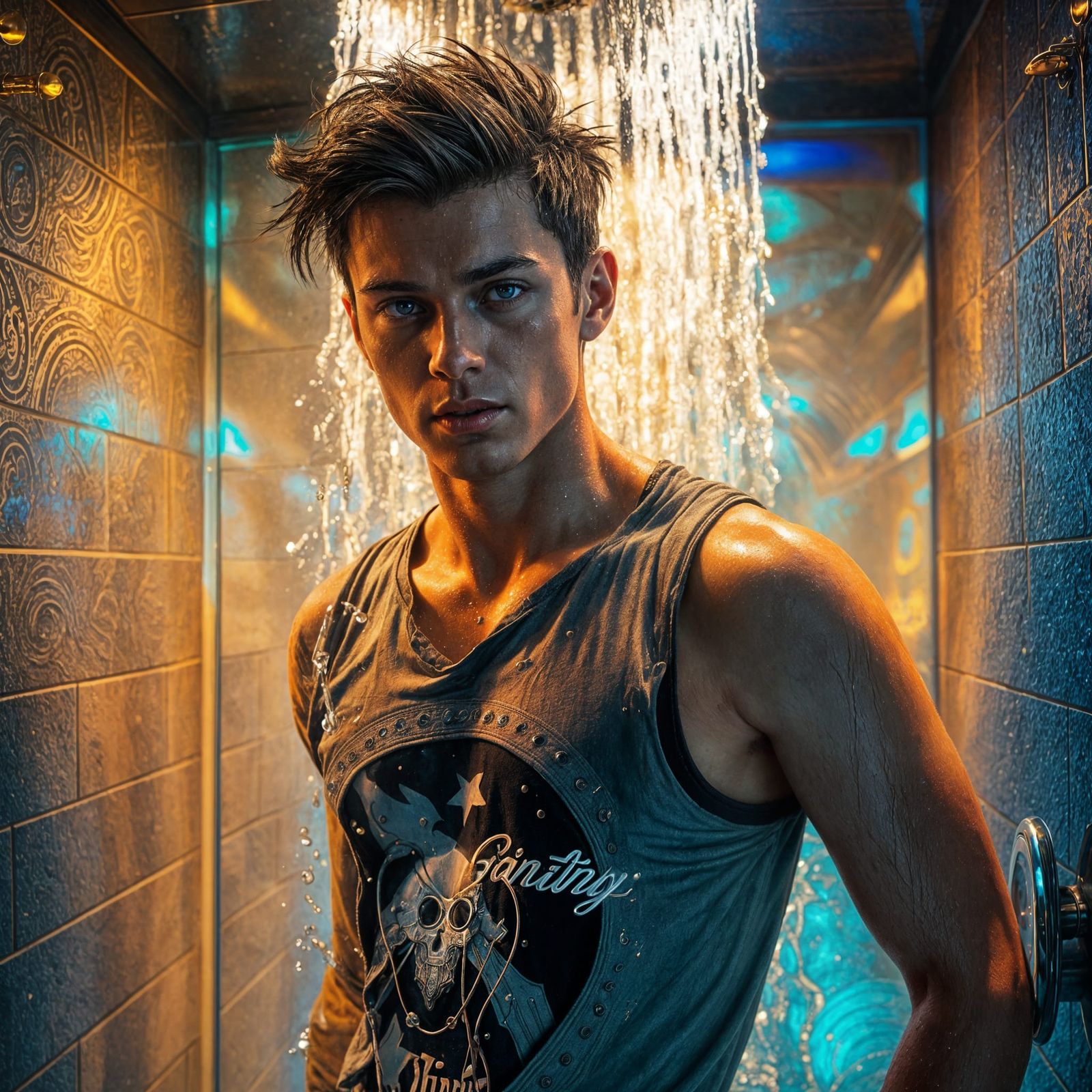 Handsome Man Showering: Detailed Fantasy Art