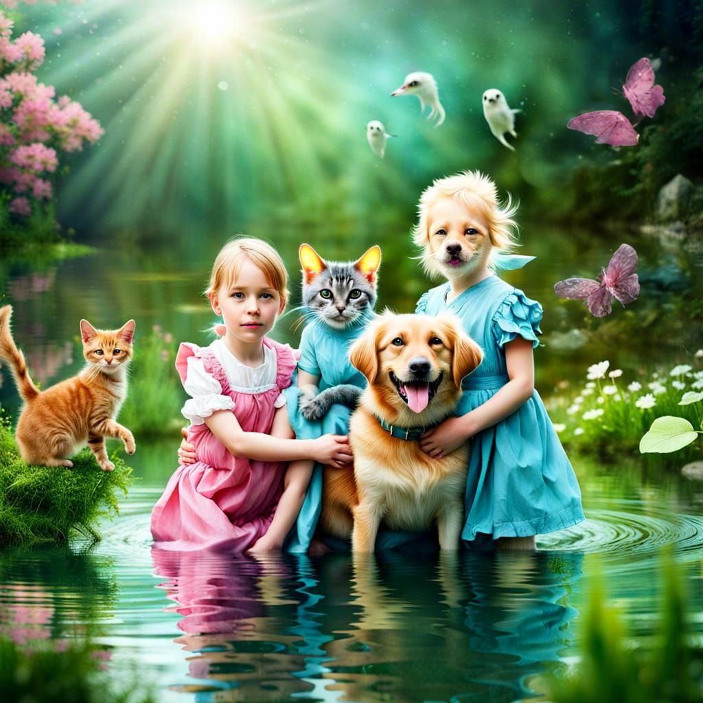 Kindergarteners and Alien Pets in Garden Landscape