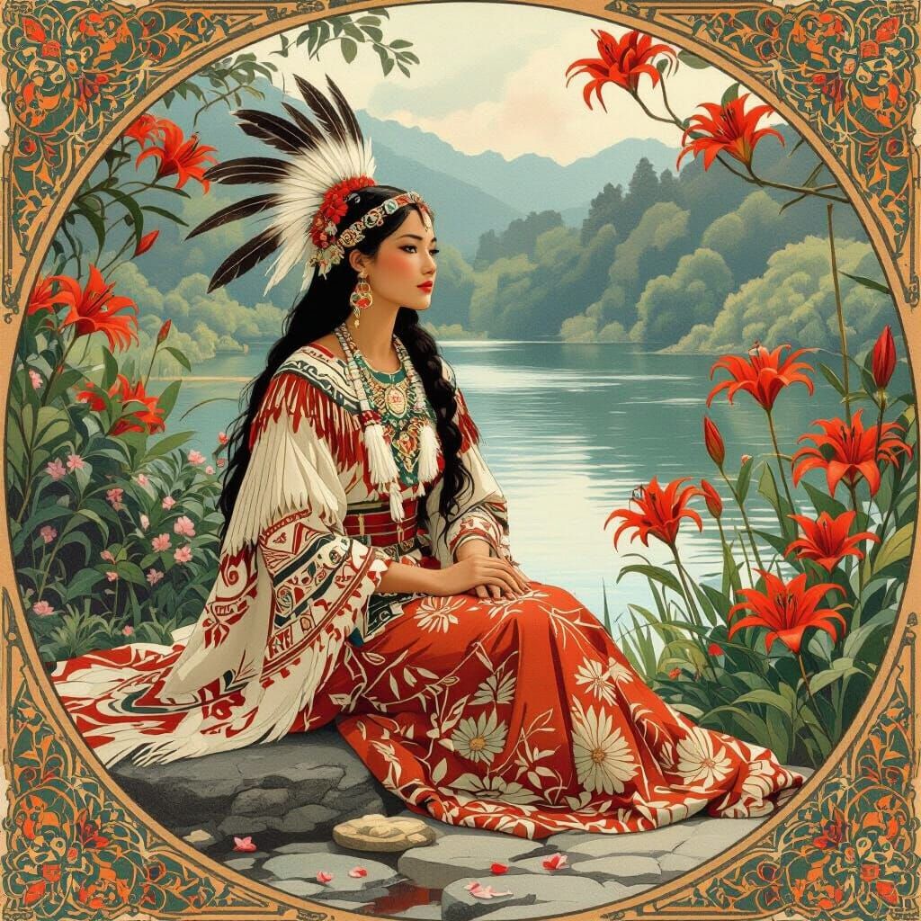 Maori Maiden in Japanese Garden: Art Nouveau Ukiyo-e