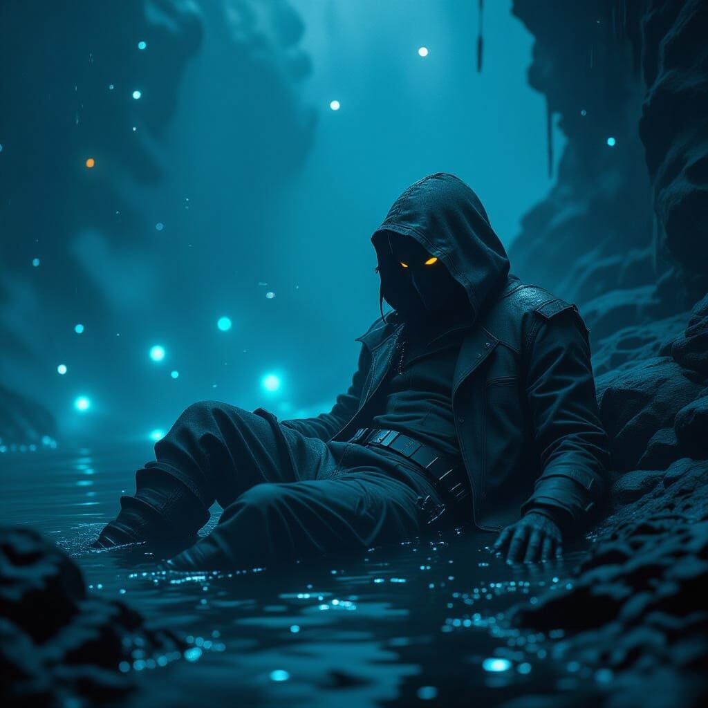 Figure in Bioluminescent Abyss: A Dystopian Vision