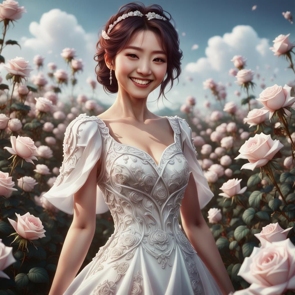 Japanese Woman in Diamond Rose Field: Fantasy Art