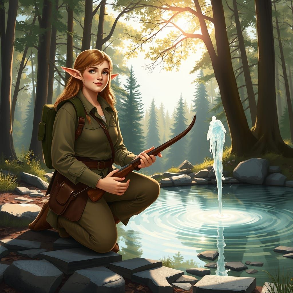 Elf Hunter in Sun-Dappled Forest, Painterly Style