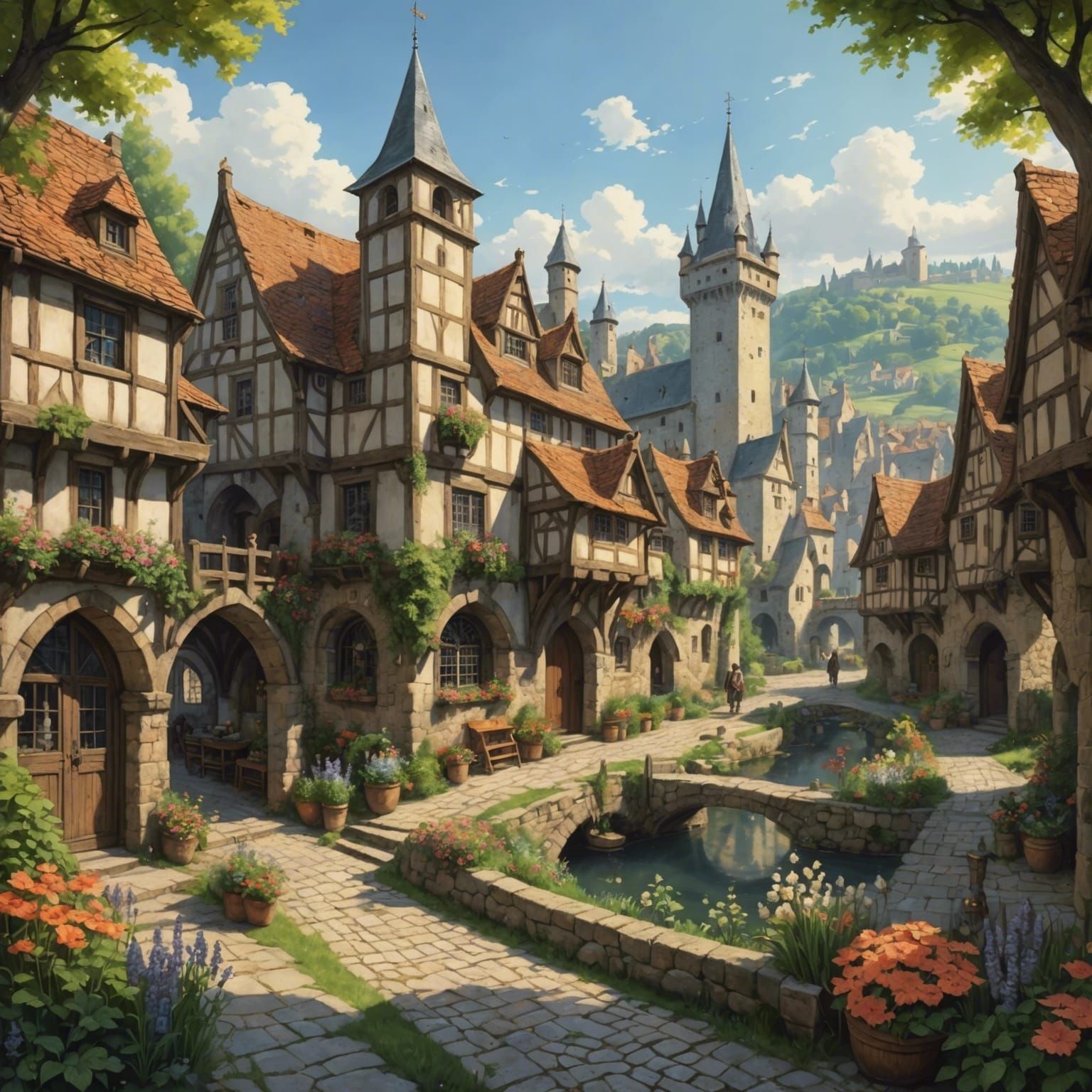 Medieval Fantasy Village in Studio Ghibli Style