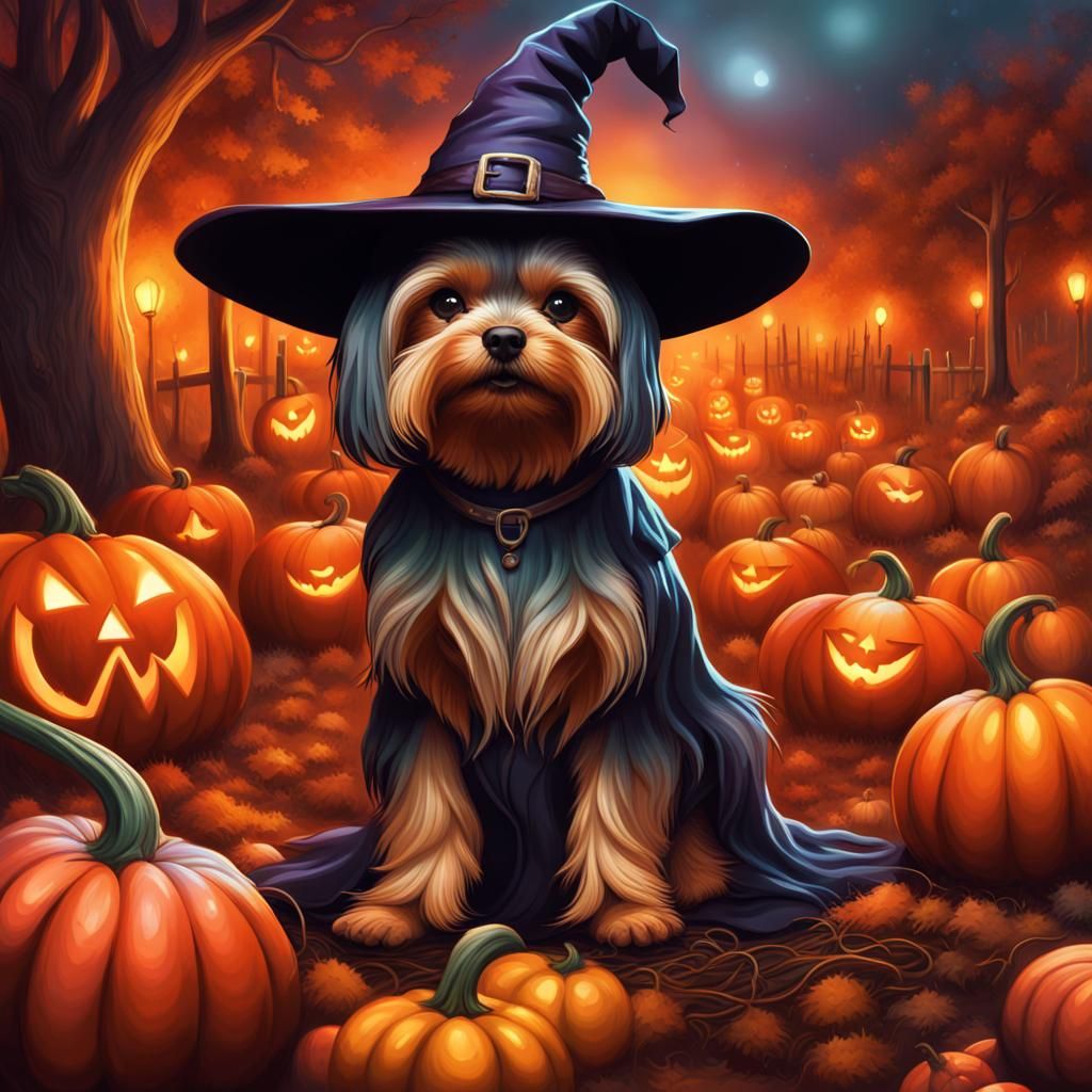 Yorkie Witch in Spooky Pumpkin Patch