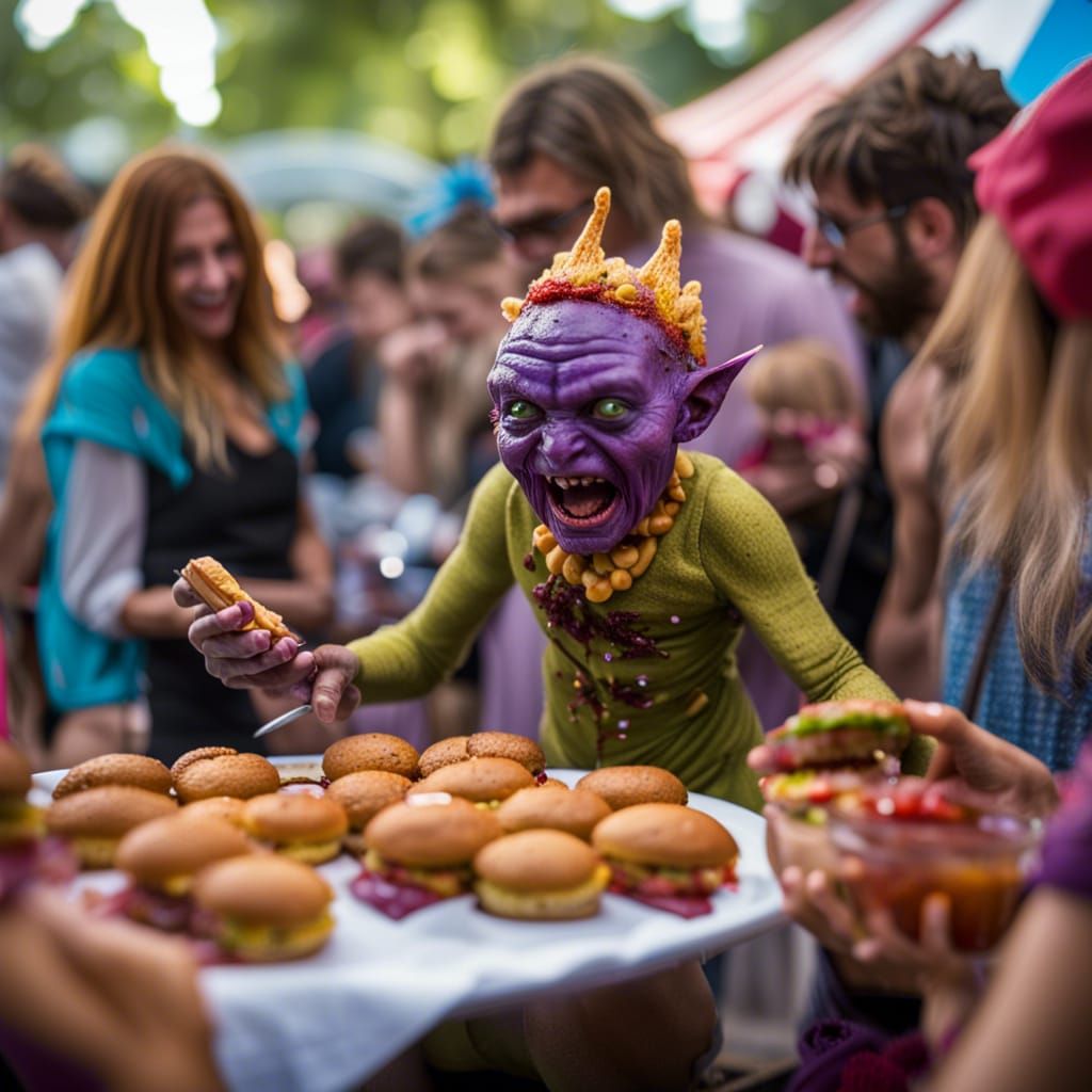 Beelzebub serving Sloppy Joes to all the Little Newborn Goblins at the Deep Ones Picnic
