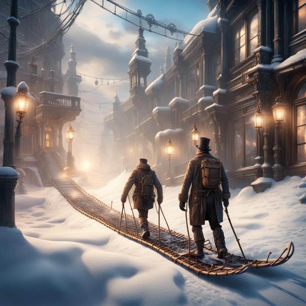 Steampunk Adventurer Exploring Winter Landscape