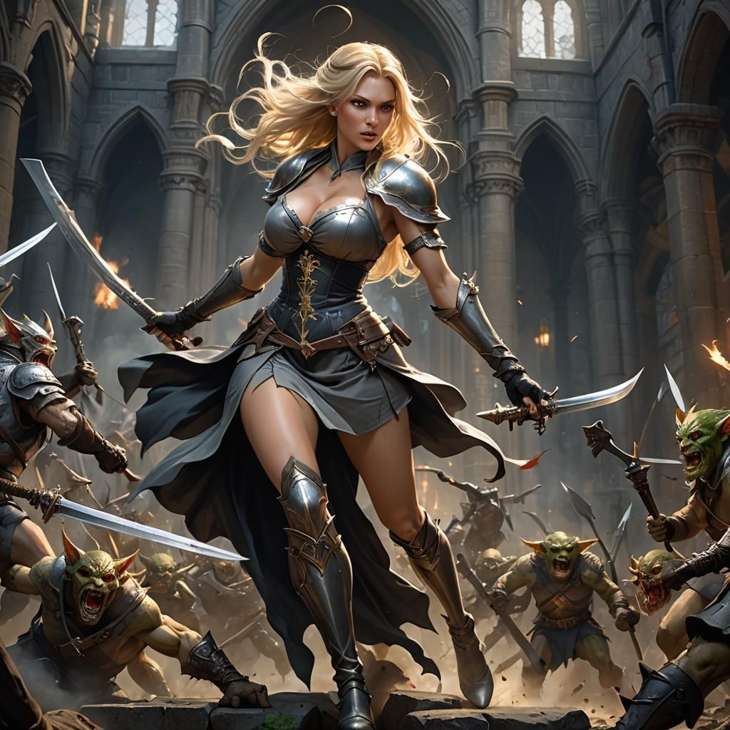 Buxom Blonde Warrior Fighting Goblins in Dark Fantasy