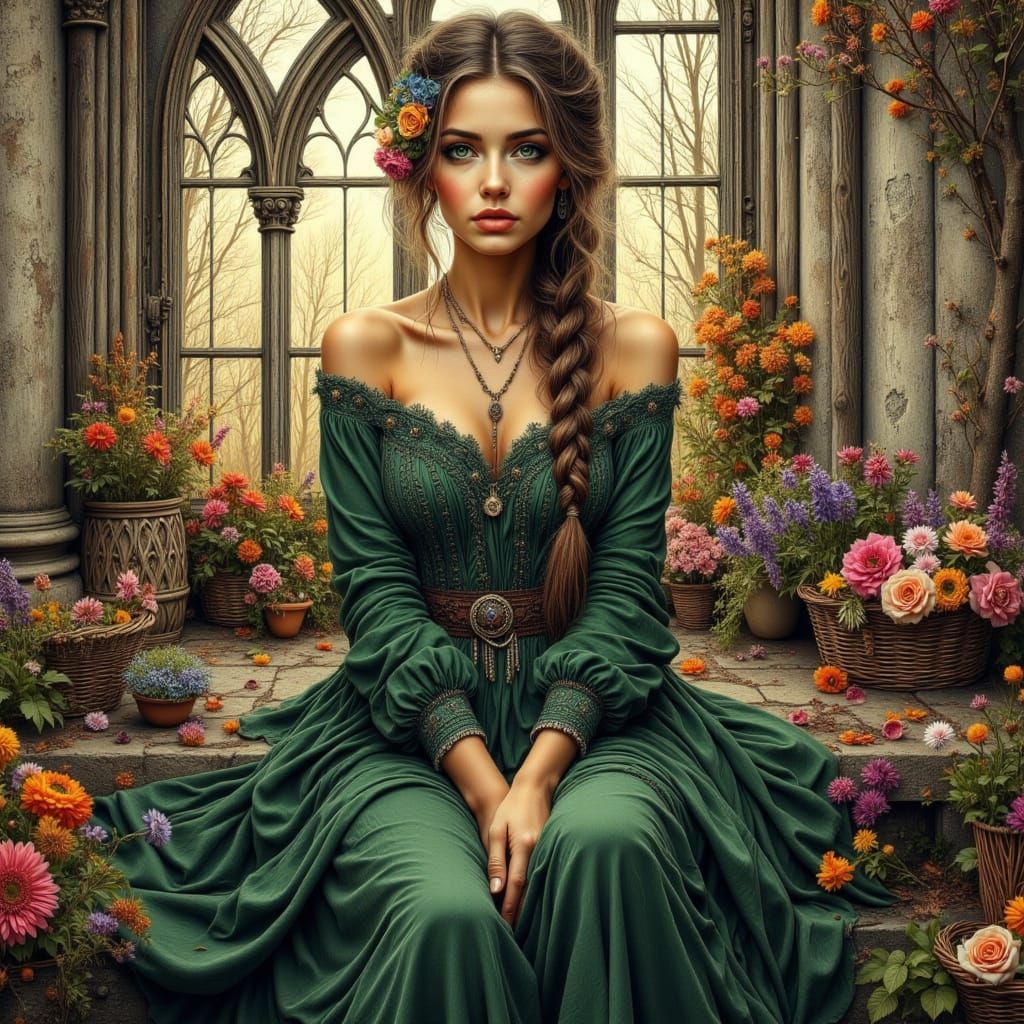 Ethereal German Noblewoman in a Lush Floral Patio