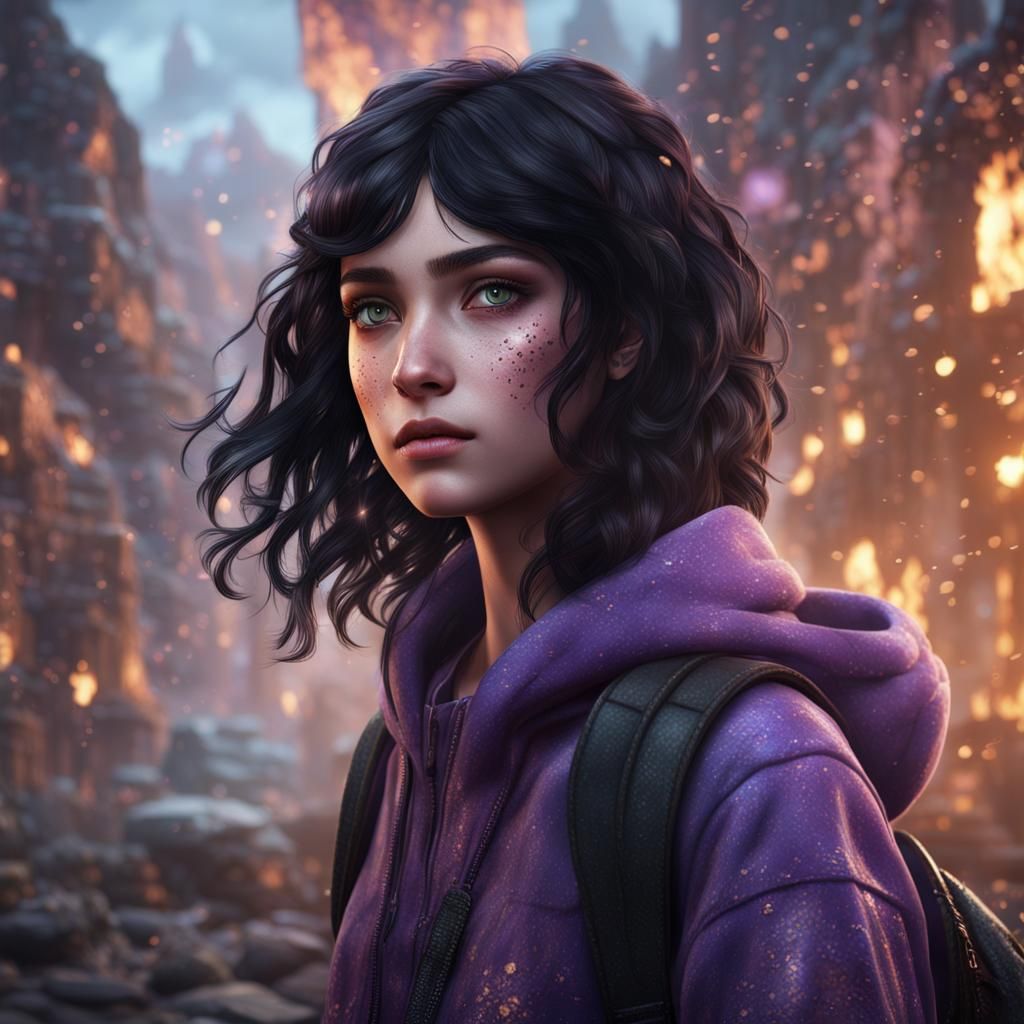 Teenager Girl,  purple eyes and black hair with freckles