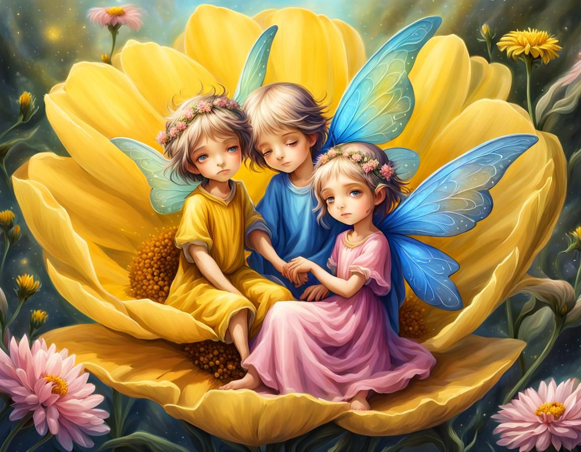 Fairies Resting on Flower, Fantasy Art Style