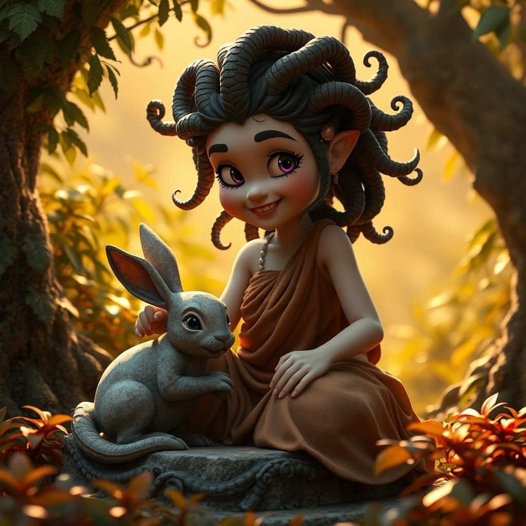 Cartoon Medusa with Stone Rabbit, Dark Fantasy Art