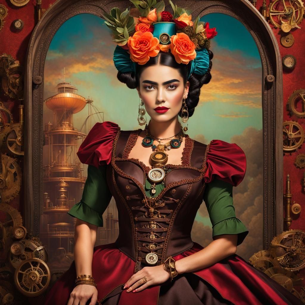 Steampunk Frida Kahlo Portrait with Gears and Flowers