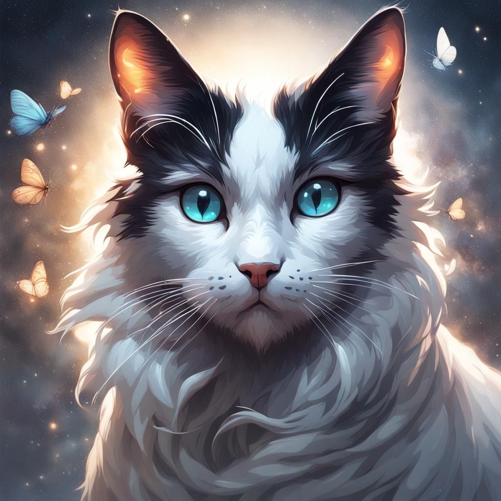 Cat Chasing Butterflies in Starry Sky, Detailed Portrait