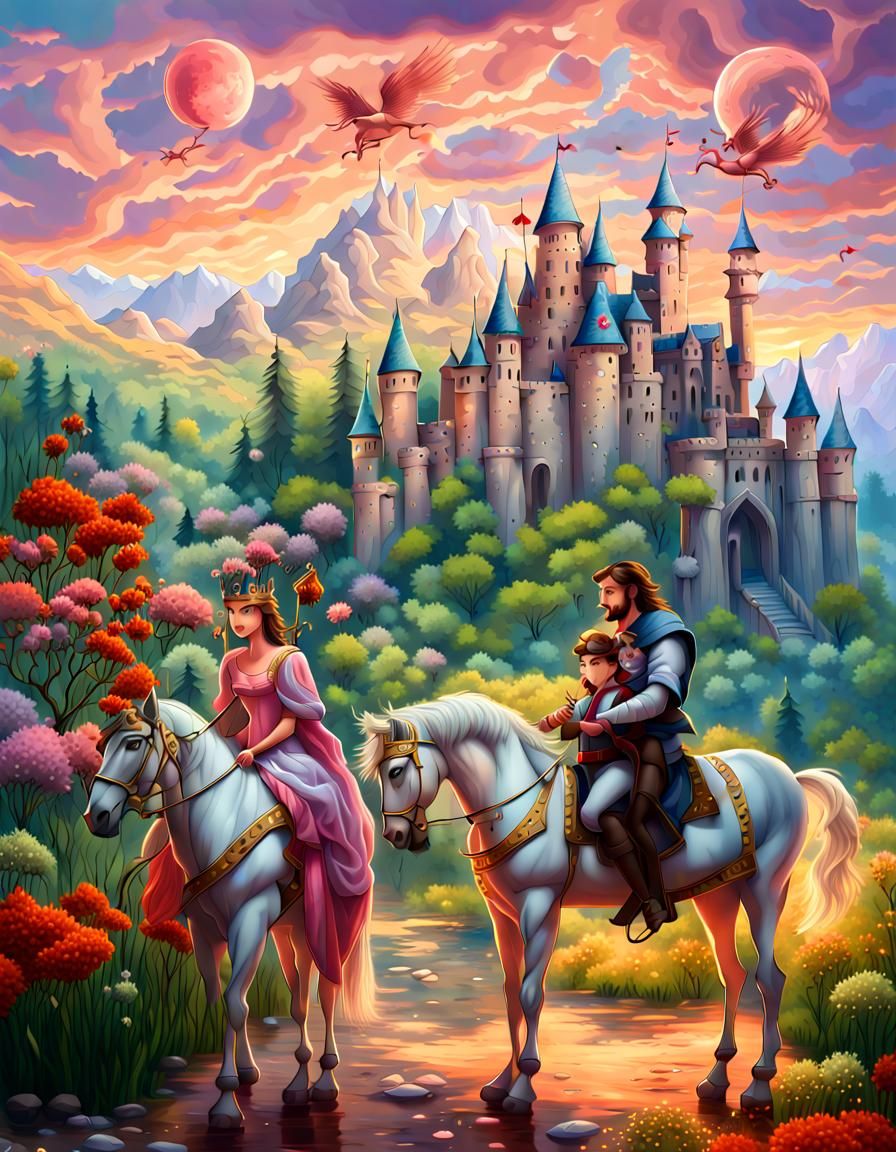 Medieval Prince and Princess on Horseback: Hyperrealistic Ar...