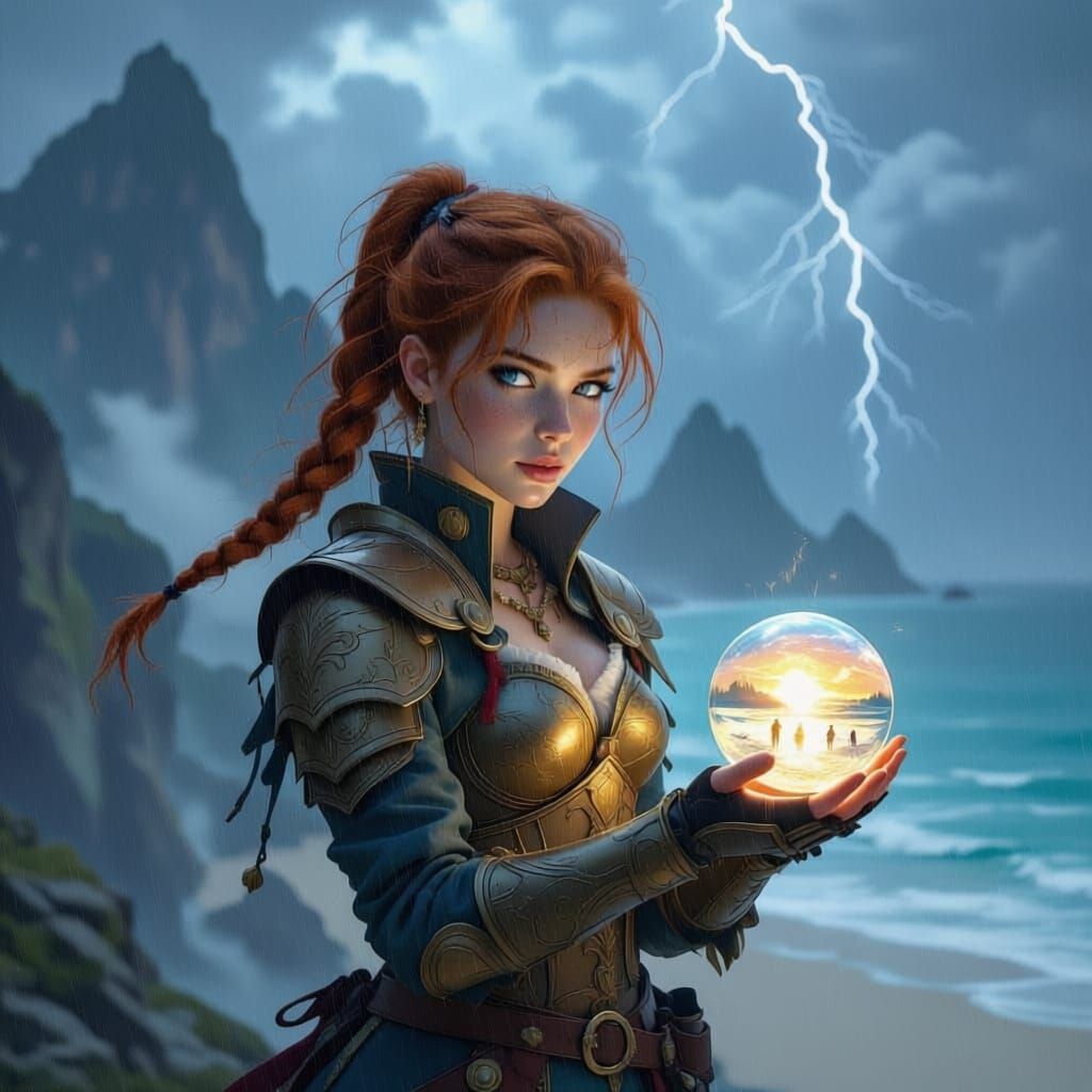 Red Haired Warrior Holds Globe on Cliff with Lightning