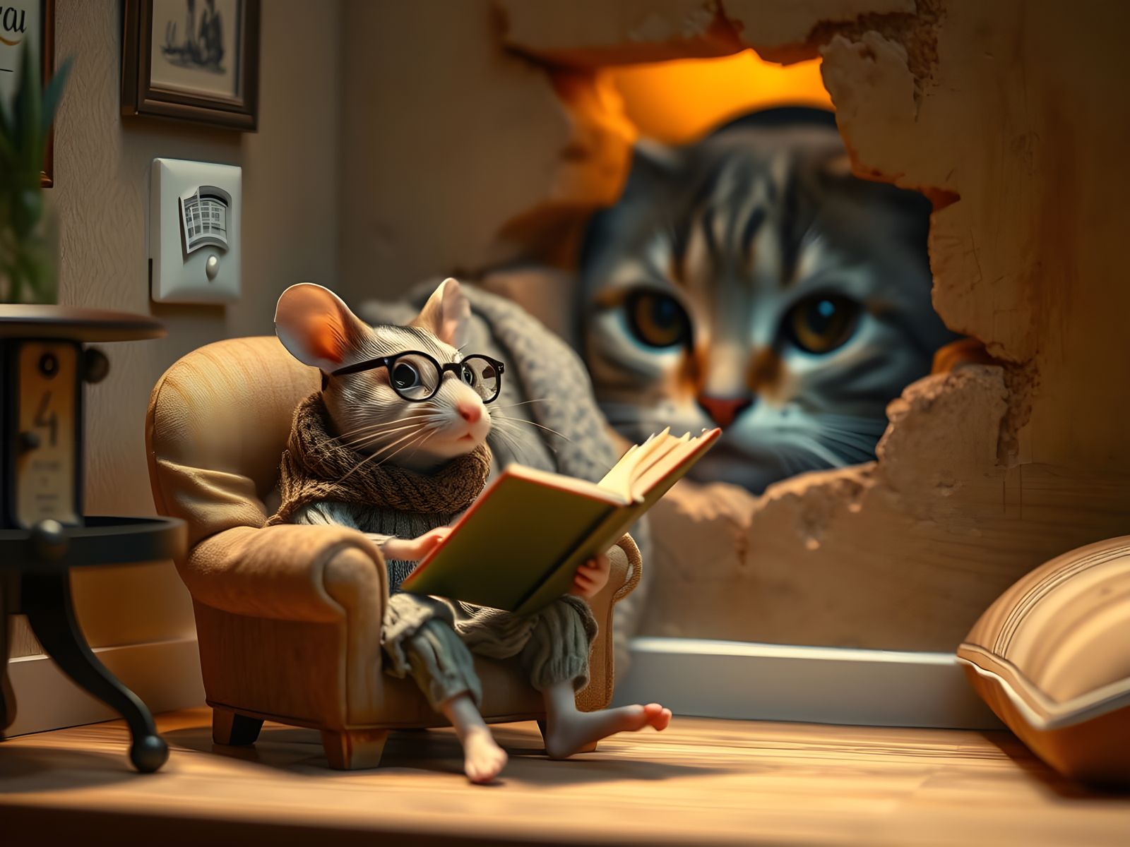 Mouse Reading Book in Miniature Room
