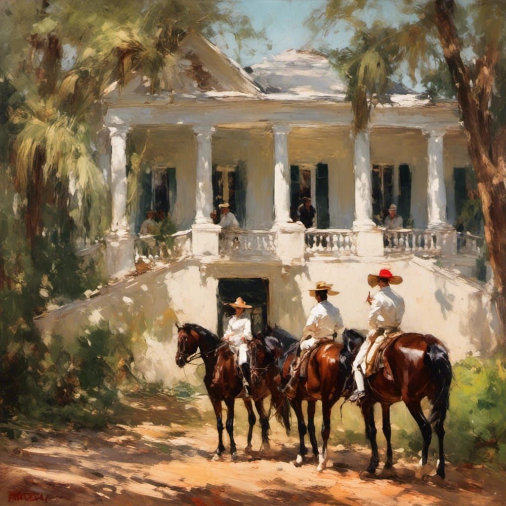 An old Southern mansion, with horse riders in front of house.