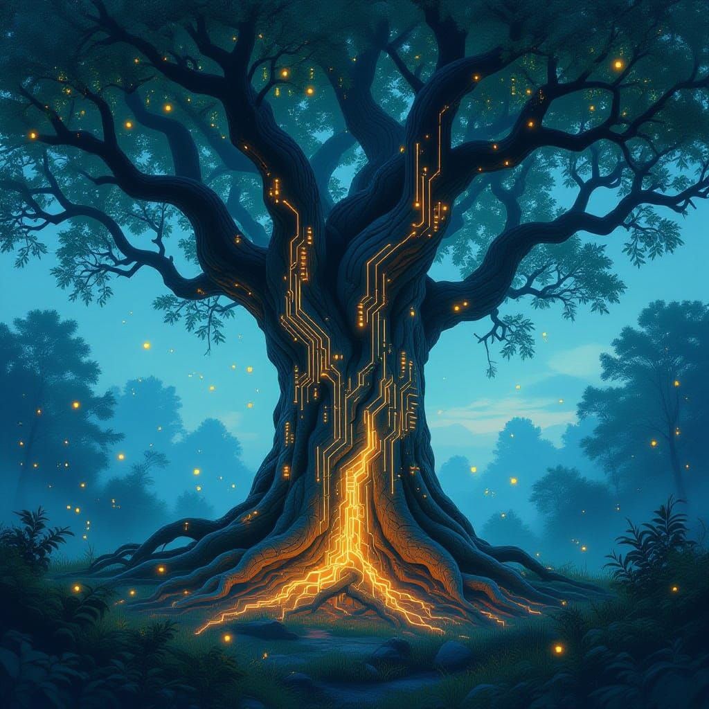 Ancient Tree With Circuit Bark In Misty Forest