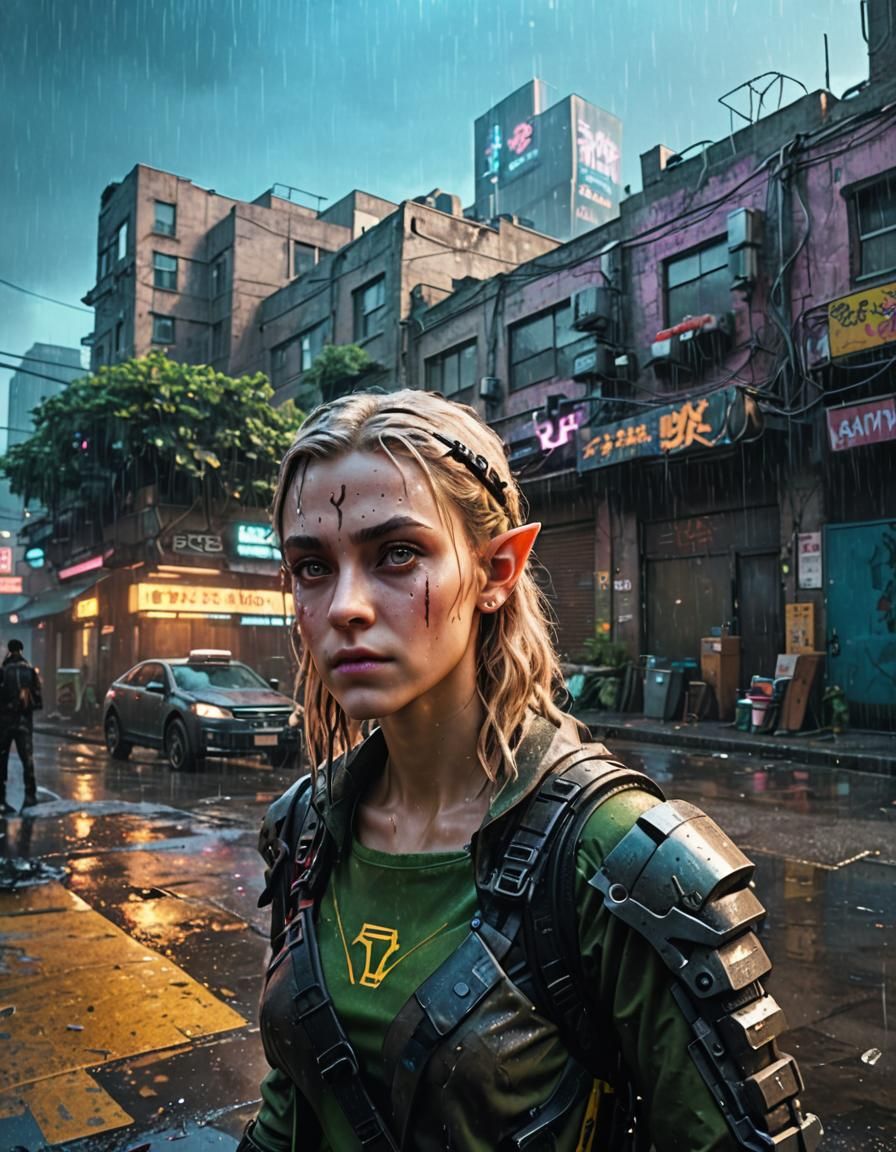 Cyberpunk Elf on a Neon City Street