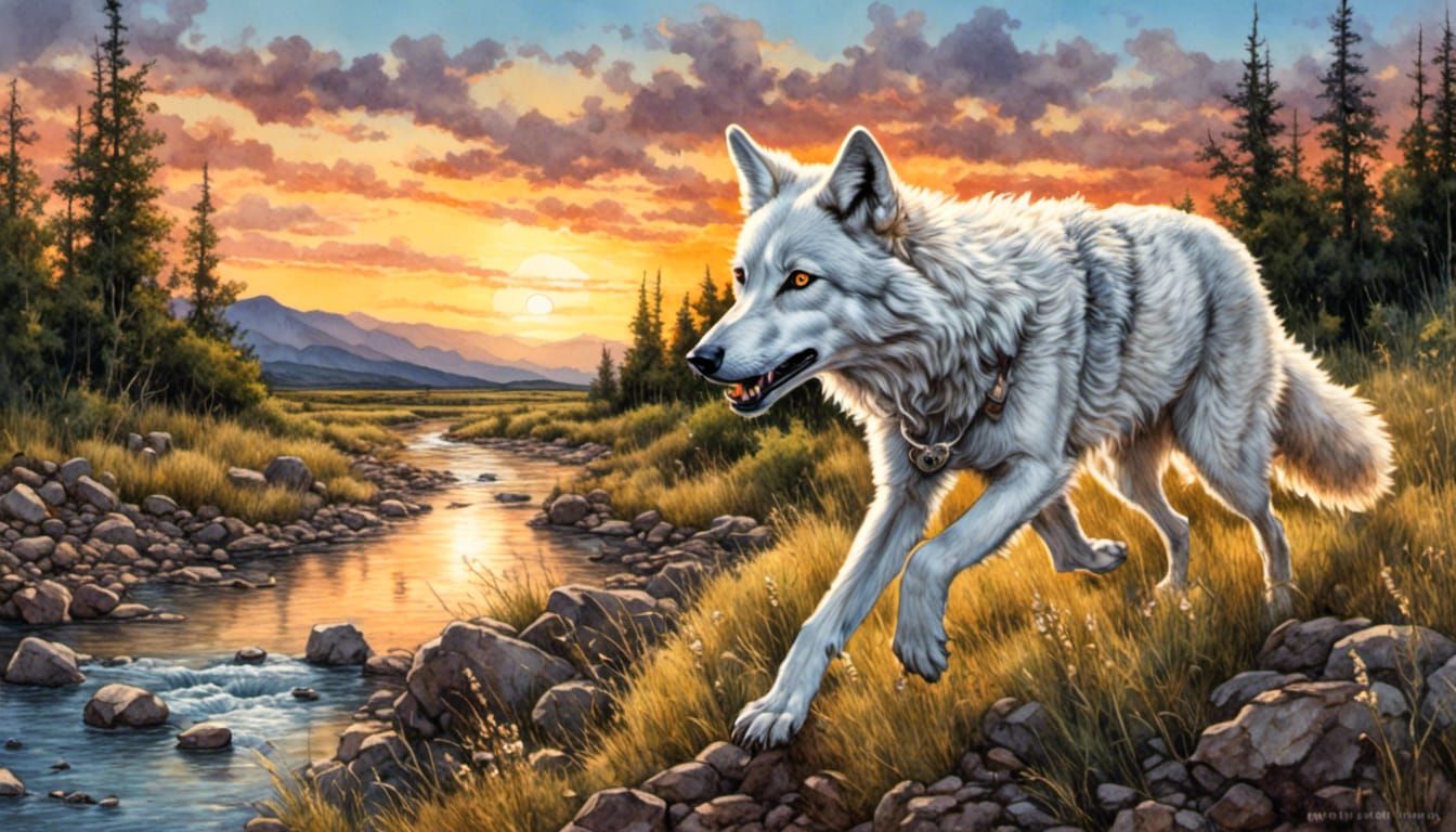 White Wolf Running at Summer Sunset