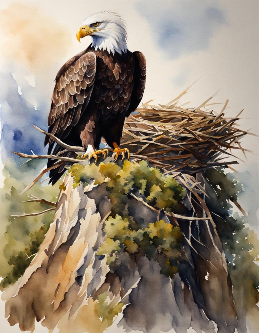 Watercolor Eagle on Empty Nest