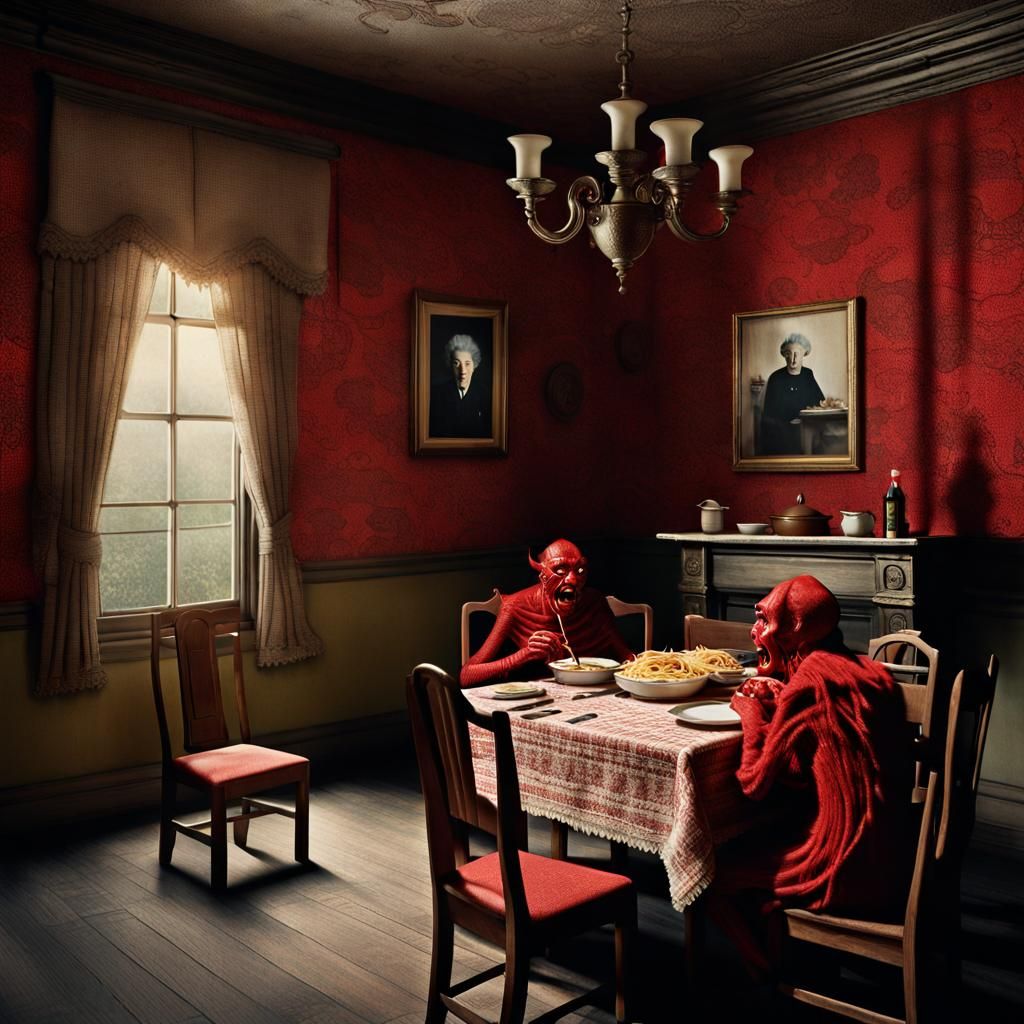 Creepy Demons Watch Woman Eat: Photorealistic Horror