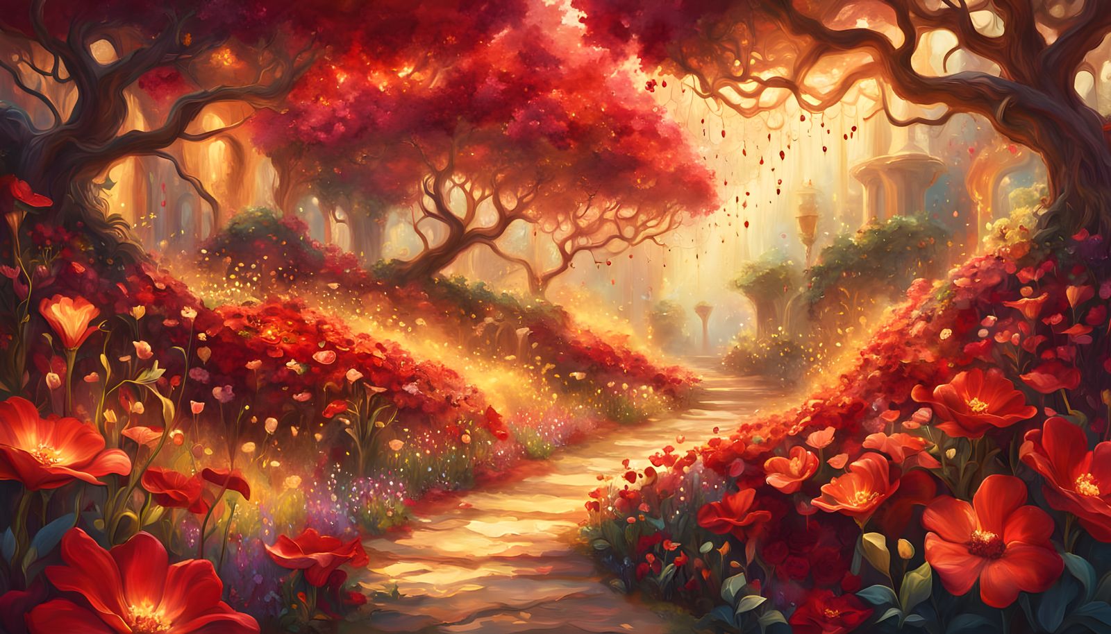 Lush Magical Red Garden with Vibrant Flowers