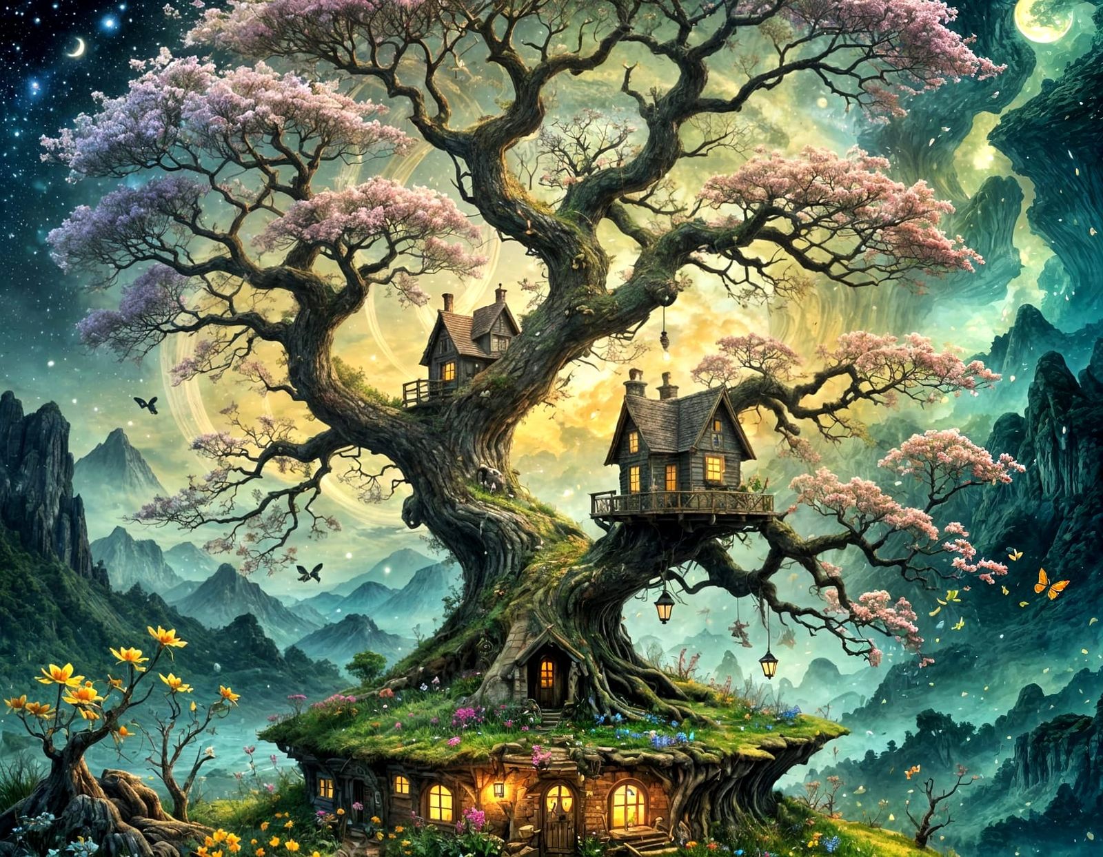 Whimsical Victorian Cottage in Oak Tree, Surreal Watercolor
