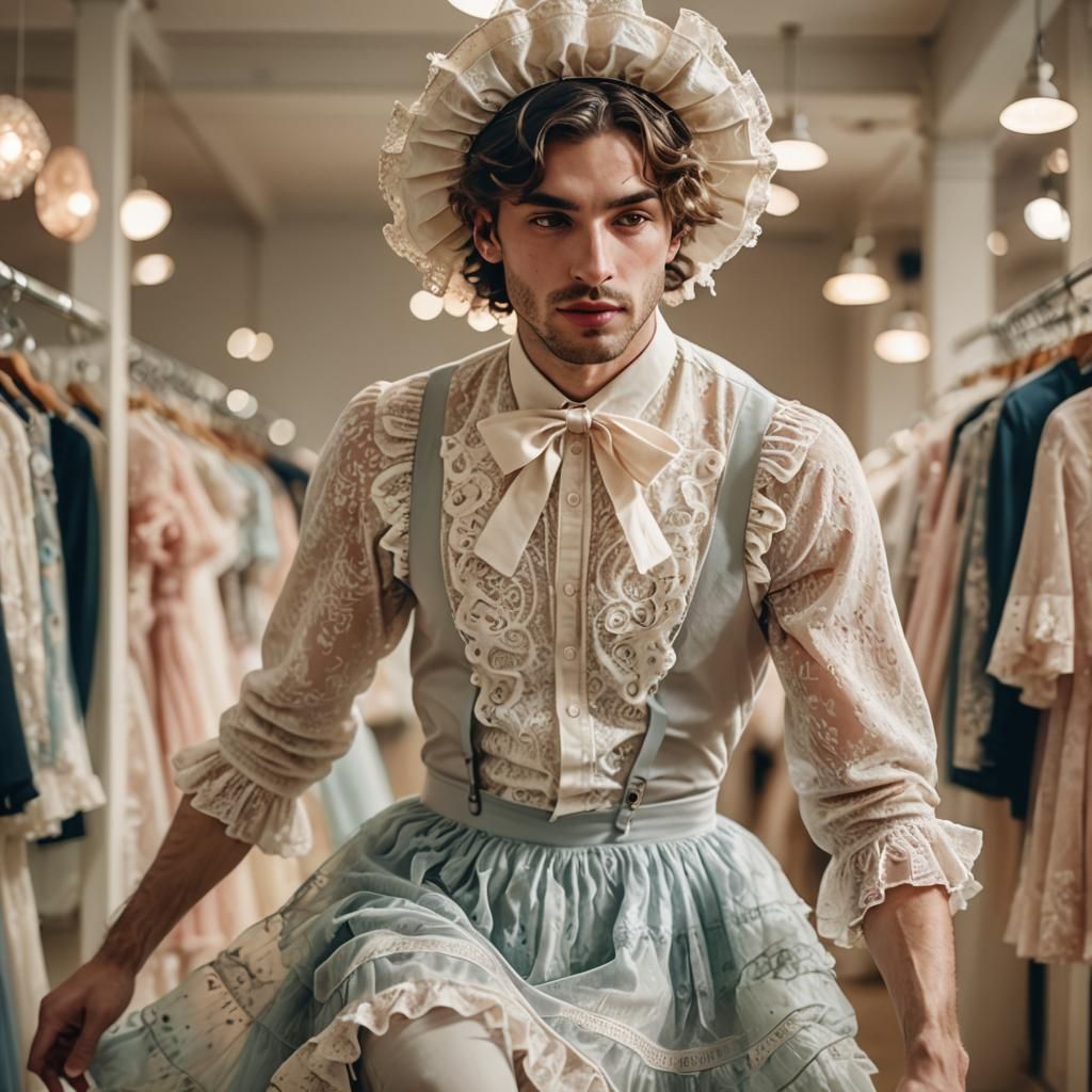 Young Man Crossdressing in Frilly Dress, Fashion Photography
