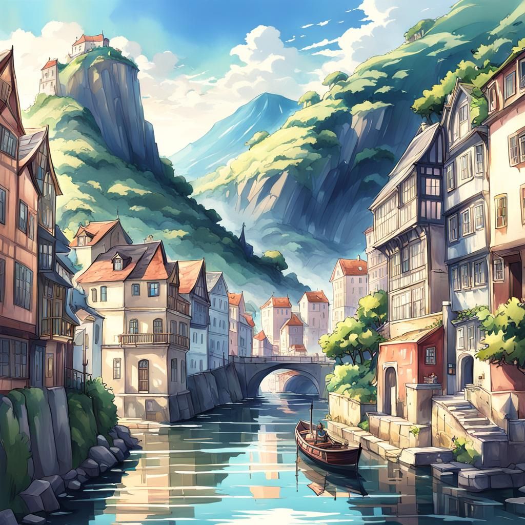 Coastal European City in Anime Style