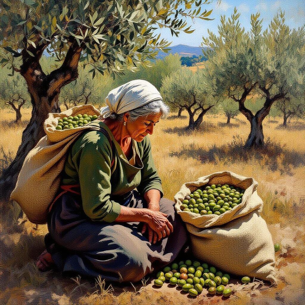 Tired Sicilian Woman Kneeling in Olive Grove