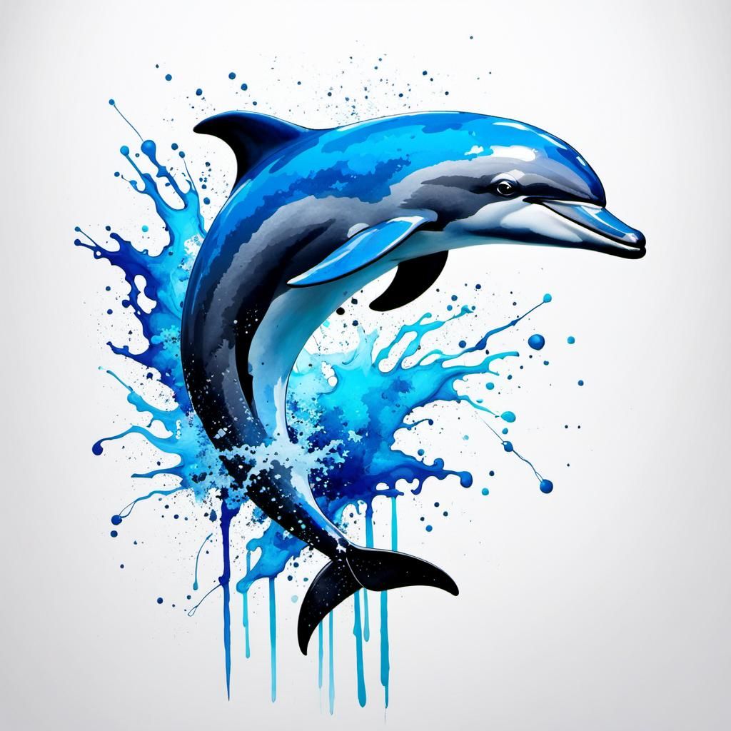 Dolphin Leaps from Sea: Ink Splatter Art