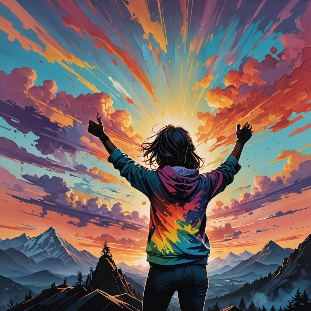 Victorious Woman Silhouette in Graffiti Art Style