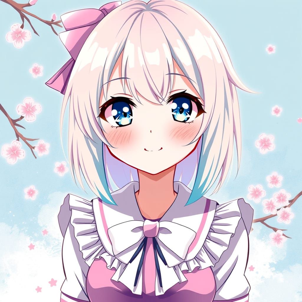 Pastel-Haired Anime Schoolgirl Basks in Blossoming Cherry Bl...