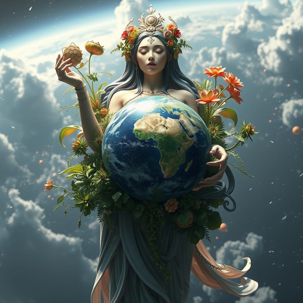 Mother Earth Goddess Holding Earth: 3D Anime Art