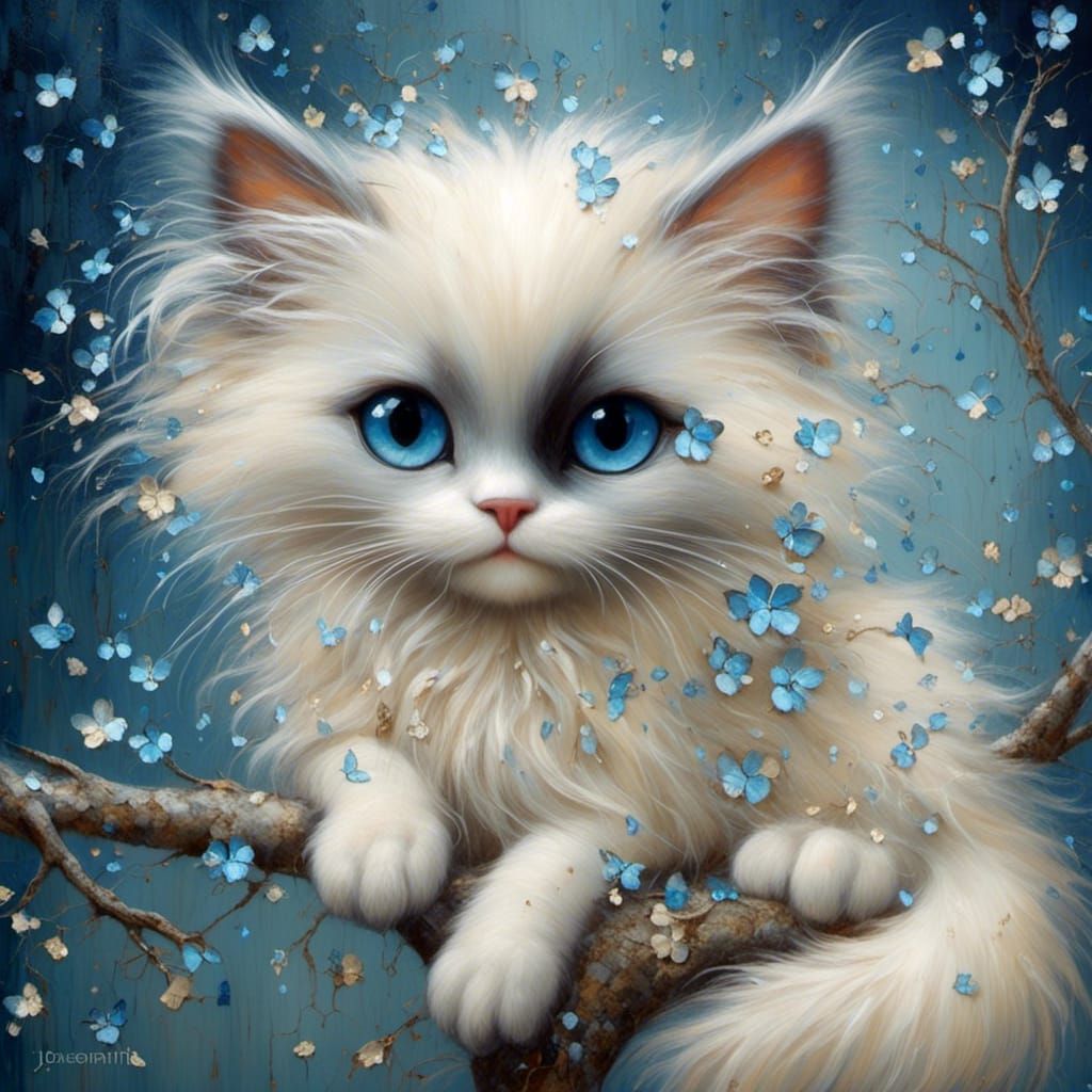 Ragdoll Cat with Blue Eyes on Tree Branch