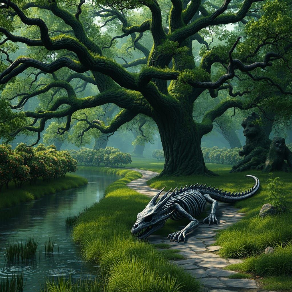 Serene Spring Sanctuary with Ancient Oak and Dragon's Rest