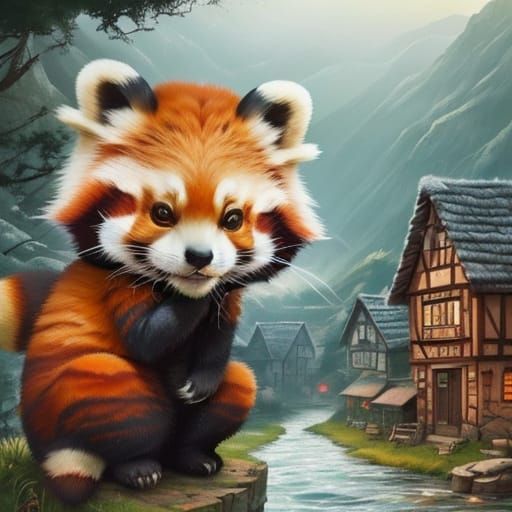 Red Panda Explores Quaint Village in Vibrant Illustration