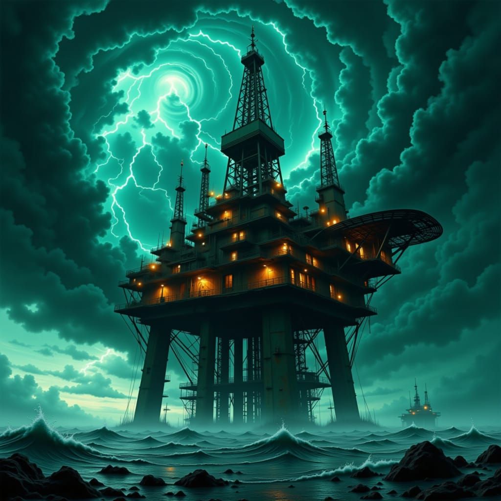 Cyclical storm over isolated oil rig